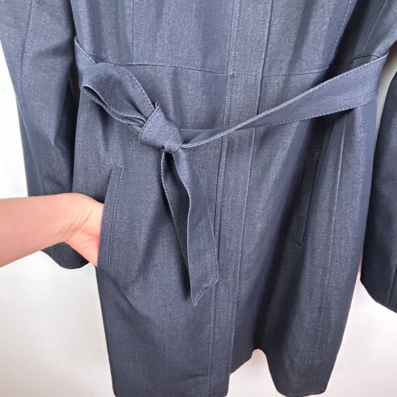 Tahari Navy Blue Chambray Trench Coat Lightweight Belted Jacket Funnel Neck XS - Picture 4 of 16